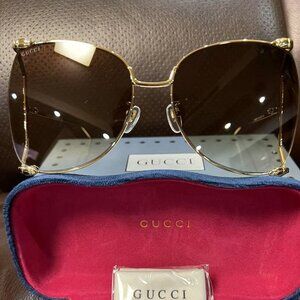 Gucci GG0252S 003 63mm Square Oversized Sunglasses Gold w/Brown Lenses